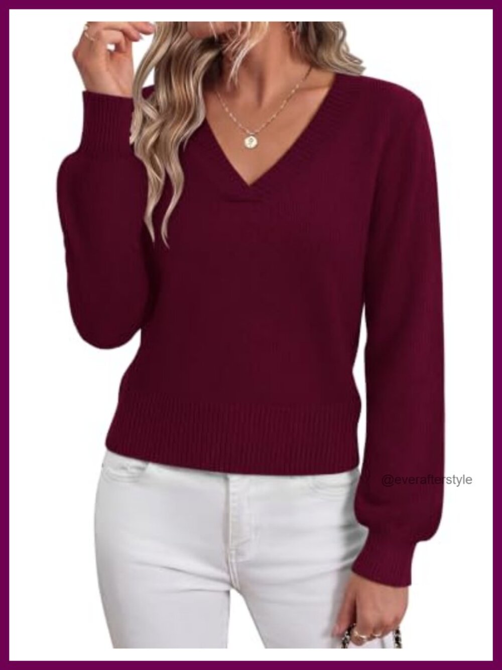 Women's V-Neck Cropped Sweater Long Lantern Sleeve Ribbed Knit Pullover Trendy